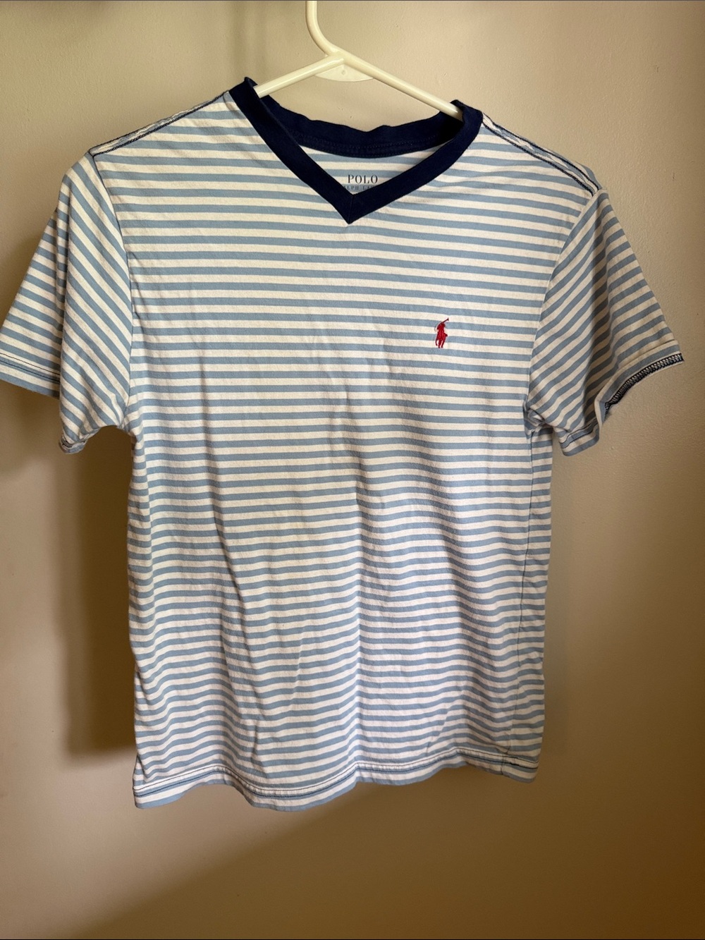 Polo by Ralph Lauren Light Blue & White Striped V-Neck Tee with Red Pony